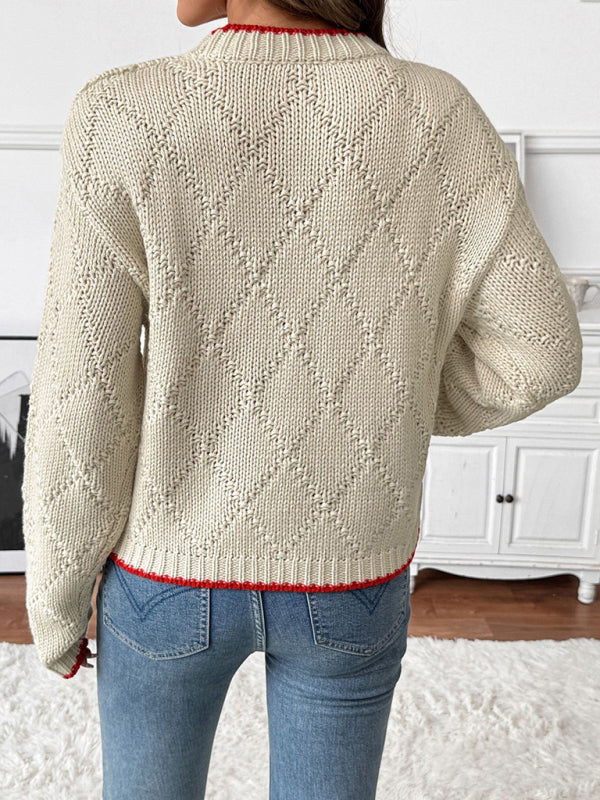 New contrasting color trim fish pattern round neck pullover knitted sweater