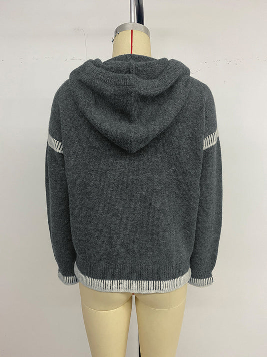 Casual loose V-neck hooded sweater dark gray contrasting trim sweater