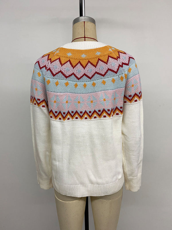 Casual loose contrast jacquard long-sleeved crew neck sweater