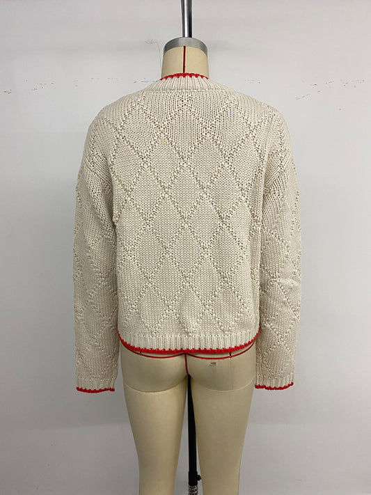 New contrasting color trim fish pattern round neck pullover knitted sweater
