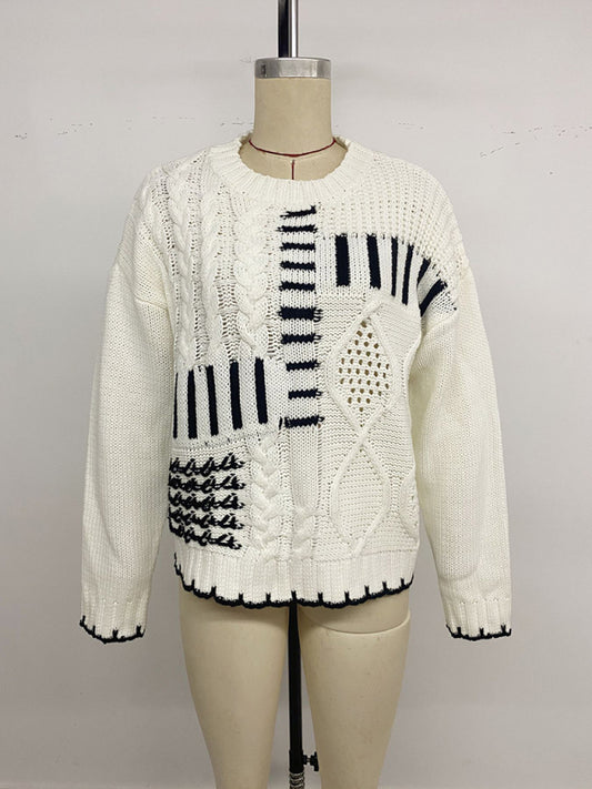 Fashionable retro round neck long sleeve striped contrast sweater