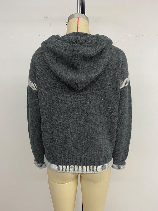 Casual loose V-neck hooded sweater dark gray contrasting trim sweater